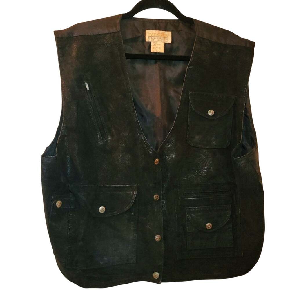 Vintage Womens Black Suede Leather Snap Front Vest Size 20W Ivy Club Distressed